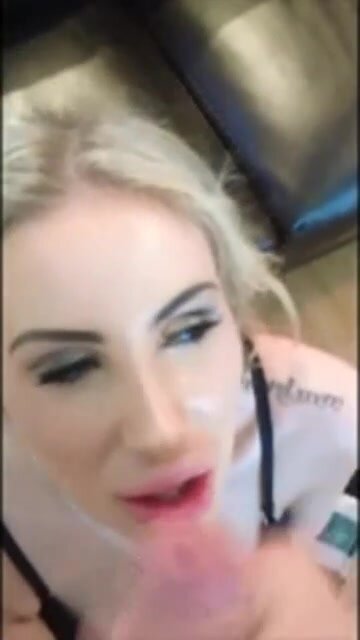 Botox Lips - Vamp looking blonde with big Botox lips receives jizz on her plastic face