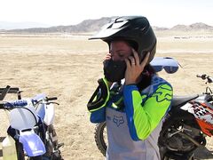 Bombshell married woman riding motorcycle stops in the desert with hubby to have oral sexual intercourse