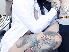 Fully tattooed female partner filmed while sucking cock on camera