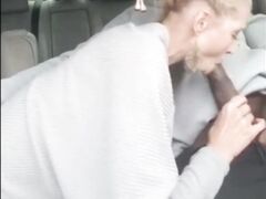 Excited blonde cougar risky oral sexual intercourse in the car with black dude